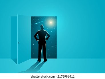 Un hombre mirando a través de la puerta abierta para ver la vastedad del espacio exterior, la imaginación, a lo desconocido, abrir el conocimiento, la ilustración vectorial