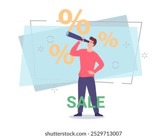Man looking through spyglass. Male character searching for discounts, special offers vector illustration. Sale lettering. Percent marks on background. Sale, shopping concept for poster, banner design