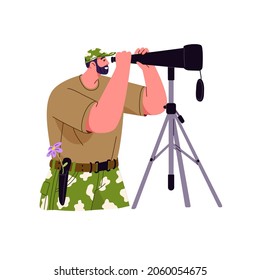 Man looking through spyglass, watching for smth and observing. Nature explorer with telescope on tripod exploring and studying smth. Flat vector illustration of naturalist isolated on white background