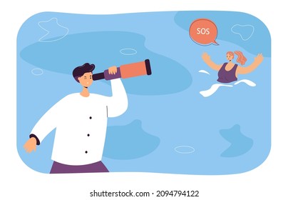Man looking through telescope at drowning woman. Girl waving and asking for help and rescue flat vector illustration. Danger on water, emergency concept for banner, website design or landing web page