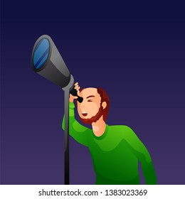 Man looking through telescope in evening vector illustration. Boy enjoying watching stars cartoon character. Neighbor guy spying in window from room at night. Isolated design element