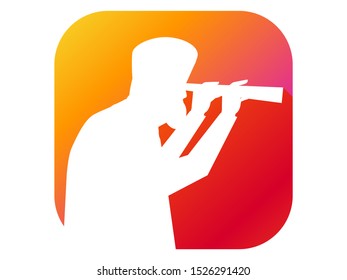 Man looking through a telescope flat icon with long shadow. Gradient background. Vector illustration