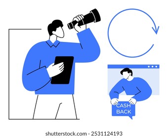 Un hombre mirando a través de un telescopio sosteniendo una tableta para representar la exploración. Un círculo de flecha significa proceso continuo. Otra persona muestra una señal de devolución de dinero. Ideal para finanzas, comercio electrónico