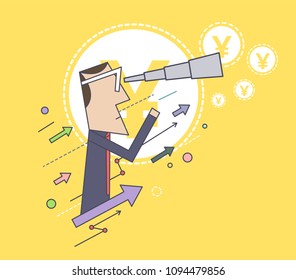 Man Looking Through a Telescope for Money / Funds. Investment Concept. Graphs and Arrows Going up. Business Idea. Vector Illustration.