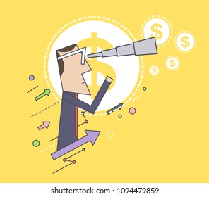 Man Looking Through a Telescope for Money / Funds. Investment Concept. Graphs and Arrows Going up. Business Idea. Vector Illustration.