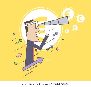 Man Looking Through a Telescope for Money / Funds. Investment Concept. Graphs and Arrows Going up. Business Idea. Vector Illustration.
