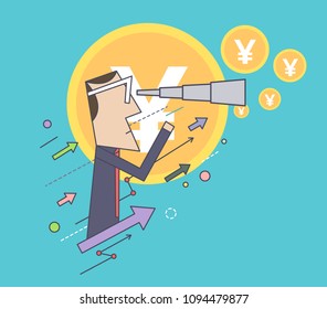 Man Looking Through a Telescope for Money / Funds. Investment Concept. Graphs and Arrows Going up. Business Idea. Vector Illustration.