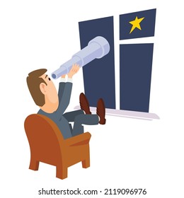 Man looking through telescope on sky, stars and space. Concept of search, discovery, research. Funny people. Illustration concept for website and mobile website development.
