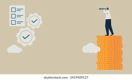 The man is looking through a telescope at the planning board and the executed gears from above the pile of coins. There are clouds around.