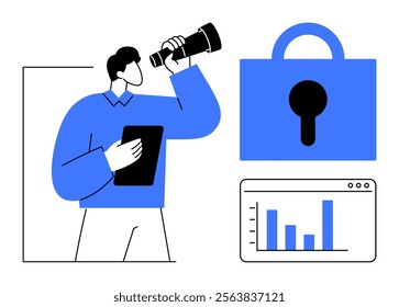 Man looking through a telescope with a tablet, accompanied by a padlock and a bar chart. Ideal for business strategy, cybersecurity, data analysis, future planning, market research. Simple graphic