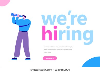 Man looking through telescope. We are hiring flat vector illustration concept.  Job Recruitment character.