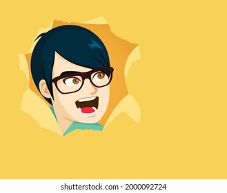 Man looking through torn yellow paper hole screaming surprised