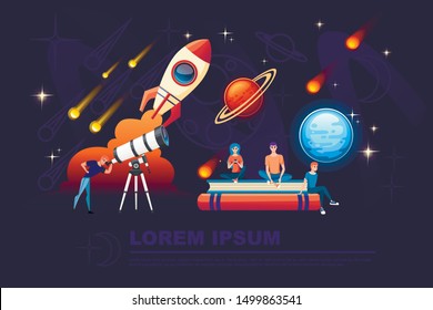 Man looking through a white telescope with falling stars on night sky background flat vector illustration planetarium design horizontal banner