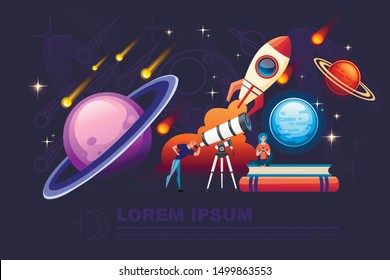 Man looking through a white telescope with falling stars on night sky background flat vector illustration planetarium design horizontal banner