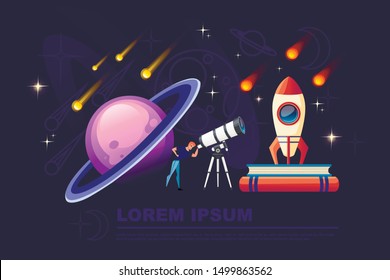 Man looking through a white telescope with falling stars on night sky background flat vector illustration planetarium design horizontal banner