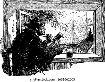 A man looking through window at ships in the sea and smoking, He holding spyglass in hand and glass kept at window, vintage line drawing or engraving illustration