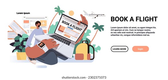 man looking ticket for travel in flight search application on laptop screen guy traveler booking tickets for traveling online