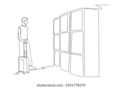 Man looking at travel locker. Travel locker concept one-line drawing