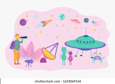A man is looking for a UFO. Aliens walk on the earth. Comic book. colorful vector illustration