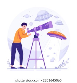 Man looking at UFO with telescope flat illustration