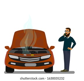Man looking under the hood of his wrecked car, covered in steam and smoke. A man calls the rescue Service to help. Vector illustration.