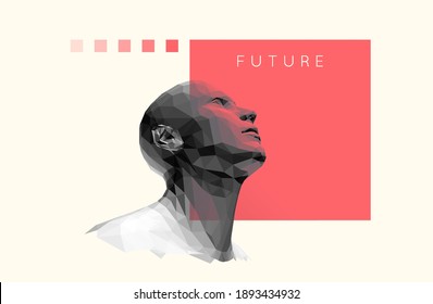 Man looking up. Abstract digital human head. Face side view. Minimalistic design for business presentations, flyers or posters. 3d vector illustration.