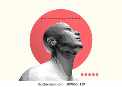 Man looking up. Abstract digital human head. Face side view. Minimalistic design for business presentations, flyers or posters. 3d vector illustration.