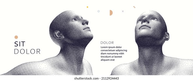 Man looking up. Abstract digital human head made from dots. Template for text. Minimalistic design for business presentations, flyers or posters. 3d vector illustration.