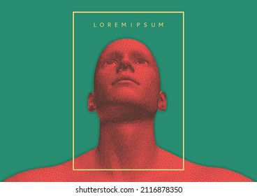 Der Mann schaut nach oben. Abstrakter digitaler menschlicher Kopf. Minimalistisches Design für Geschäftspräsentationen, Flyer oder Poster. 3D-Vektorgrafik.