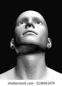 Man looking up. Abstract digital human head. Minimalistic design for business presentations, flyers or posters. 3d vector illustration.