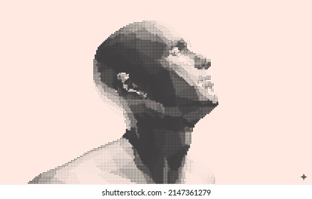 Man looking up. Abstract digital human head. Minimalistic design for business presentations, flyers or posters. 3d vector illustration.