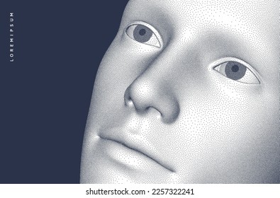 Hombre mirando hacia arriba. Resumen de la cabeza humana digital. Ilustración de la cara de un hombre creada a partir de una partícula pequeña. Diseño vectorial en 3D para pancarta, volante, afiche, portada o folleto.