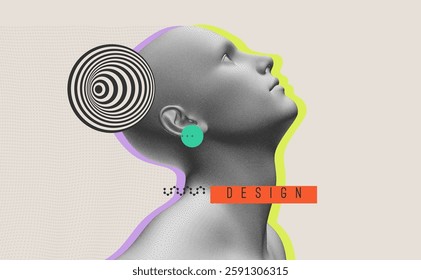 Man looking up. Abstract digital human head. Cover design template. Minimalistic design for business presentation, placard, banner, cover, brochure or notebook. 3d vector.