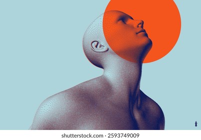 Man looking up. Abstract digital human head. Cover design template. Minimalistic design for business presentation, placard, banner, cover, brochure or notebook. 3d vector. 