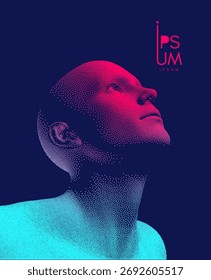 Man looking up. Abstract digital human head. Cover design template. Minimalistic design for business presentation, placard, banner, cover, brochure or notebook. 3d vector.