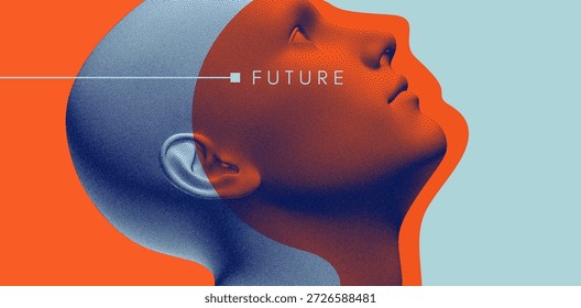 Hombre mirando hacia arriba. Abstractas cabeza humana digital. Plantilla de diseño de la cubierta. Diseño minimalista para presentación de negocios, cartel, Anuncio, portada, folleto o cuaderno. Vector 3D.