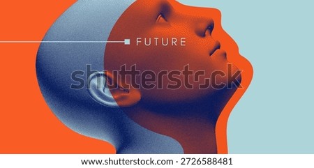 Man looking up. Abstract digital human head. Cover design template. Minimalistic design for business presentation, placard, banner, cover, brochure or notebook. 3d vector.