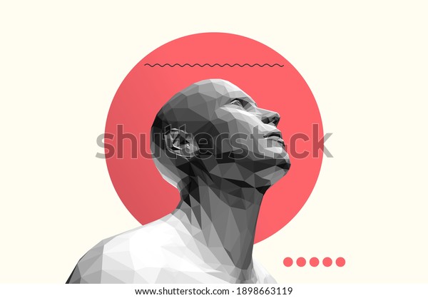 Man looking up. Abstract digital\
human head. Face side view. Minimalistic design for business\
presentations, flyers or posters. 3d vector\
illustration.