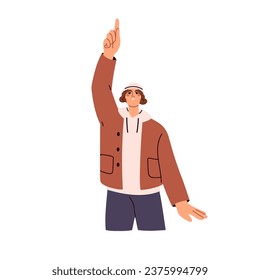 Man looking up, pointing, indicating something with finger. Male character showing with hand, forefinger. Worried concerned person watching. Flat vector illustration isolated on white background