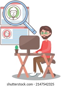 Man looking at user profiles in social network. Male character with magnifier analyses list of virtual accounts. Program for chatting, mailing or recruitment design. Guy searching for candidates