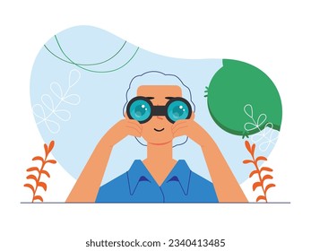 Man looking using binoculars in forest during summer, holiday trip alone blending with nature. Character design. Vector flat illustration