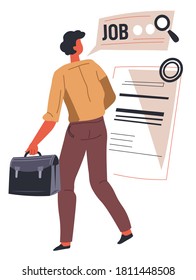 Man looking for vacancy at websites in internet. Male character walking with briefcase looking at page with jobs offerings and proposals. Jobless person, candidate for work, vector in flat style