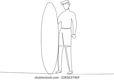 A man looking at the waves before surfing. Surfing one-line drawing