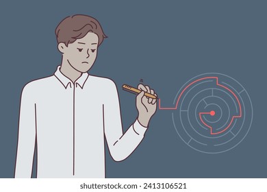 Man is looking for way out of maze, drawing line with marker to plan solution to complex problem. Unhappy guy draws up graphic plan to get out of difficult situation causing decrease in mood