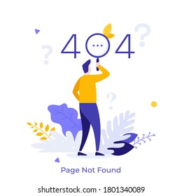 Man Looking At Website Message Through Magnifying Glass And Question Marks. Concept Of Error 404, Page Not Found, Online Service Notification. Modern Flat Colorful Vector Illustration For Banner.