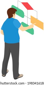 Man looking at whiteboard with schemes vector, programmer examining charts and info on board. Male character is considering color block diagram with information, analyzes data, research project