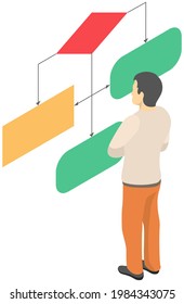 Mann, der auf Whiteboard mit Schemata Vektorgrafik, Programmierer, die Diagramme und Infos an Bord. Männliches Zeichen berücksichtigt Farbblockdiagramm mit Informationen, analysiert Daten, Forschungsprojekt