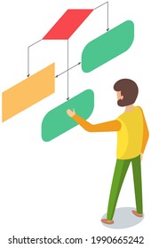 Man looking at whiteboard with schemes vector, programmer examining charts and info on board. Male character is considering color block diagram with information, analyzes data, research project
