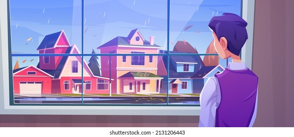 Man looking at window at autumn landscape of city street in rain. Vector cartoon illustration of town with houses, road, leaves fall and person standing inside home