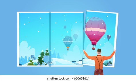 Man Looking In Window At Colorful Air Balloons Flying In Winter Sky Flat Vector Illustration